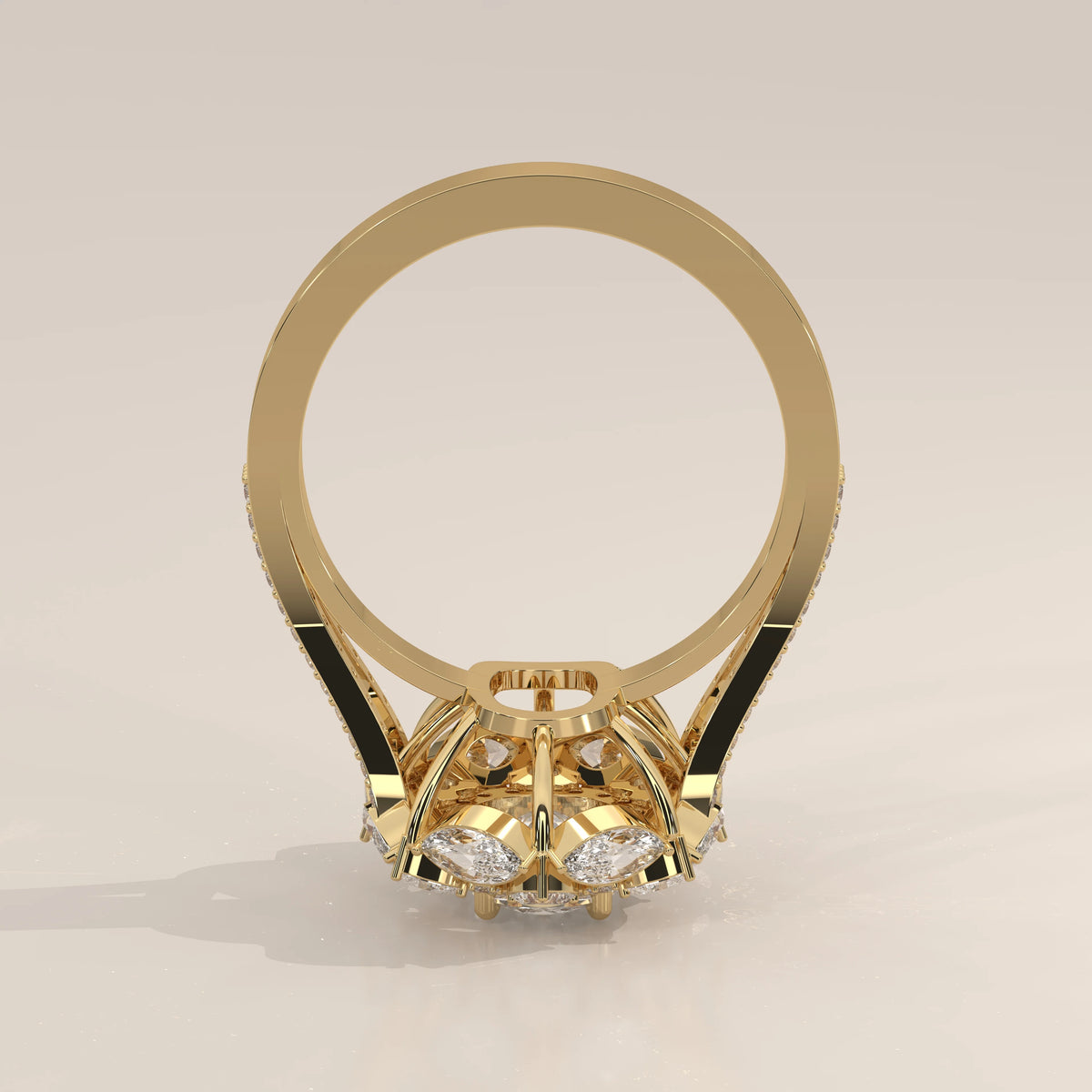 Cushion Lab Grown Diamond Halo Ring with Heart and Round Outer Frame in yellow gold, side profile view.