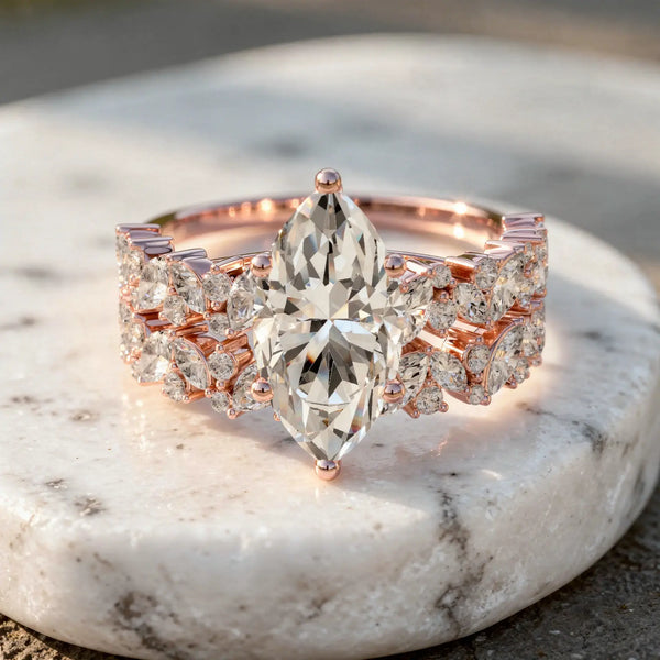 Front-view: Marquise Diamond Ring with Halo Setting in 14k Rose Gold - Lab Grown - Driona Jewels