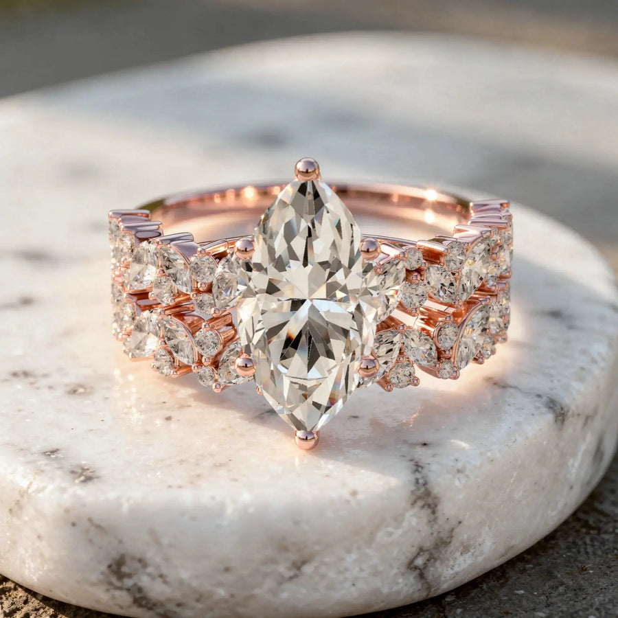 Front-view: Marquise Diamond Ring with Halo Setting in 14k Rose Gold - Lab Grown - Driona Jewels
