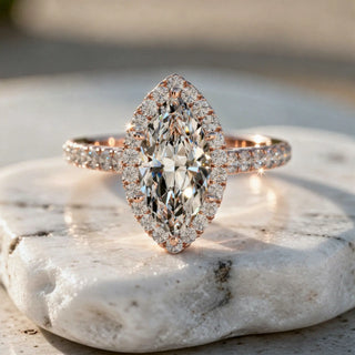 Front-view: Marquise Diamond Ring with Halo Setting in 14k Rose Gold - Lab Grown - Driona Jewels