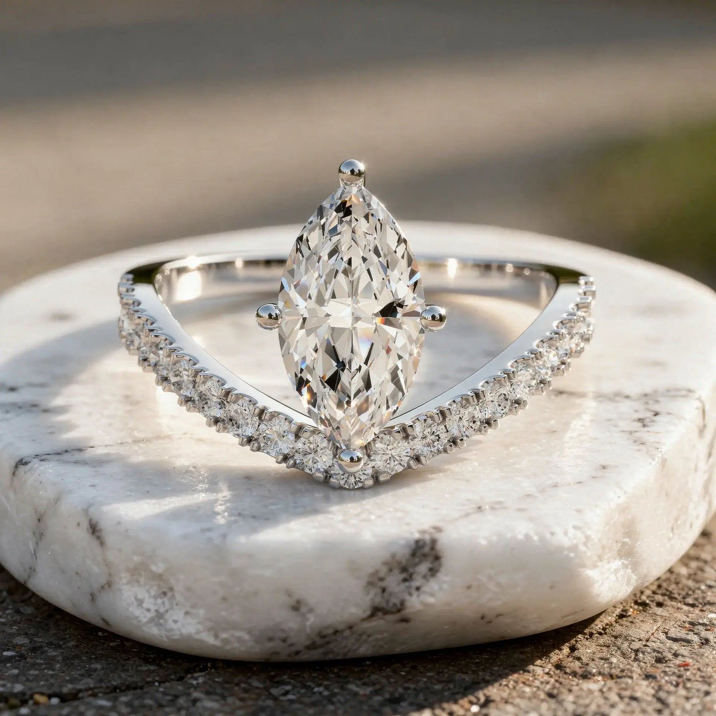 Close-up: Marquise Diamond Ring with Halo Setting in 14k White Gold - Lab Grown - Driona Jewels