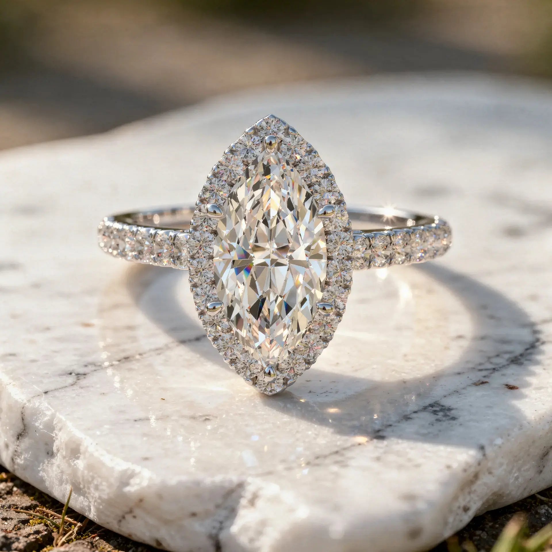 Front-view: Marquise Diamond Ring with Halo Setting in 14k White Gold - Lab Grown - Driona Jewels