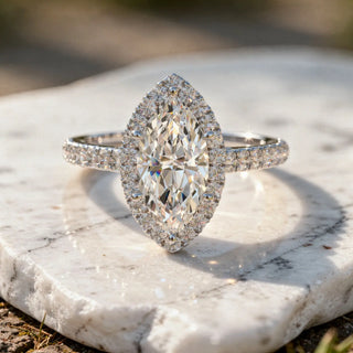 Front-view: Marquise Diamond Ring with Halo Setting in 14k White Gold - Lab Grown - Driona Jewels