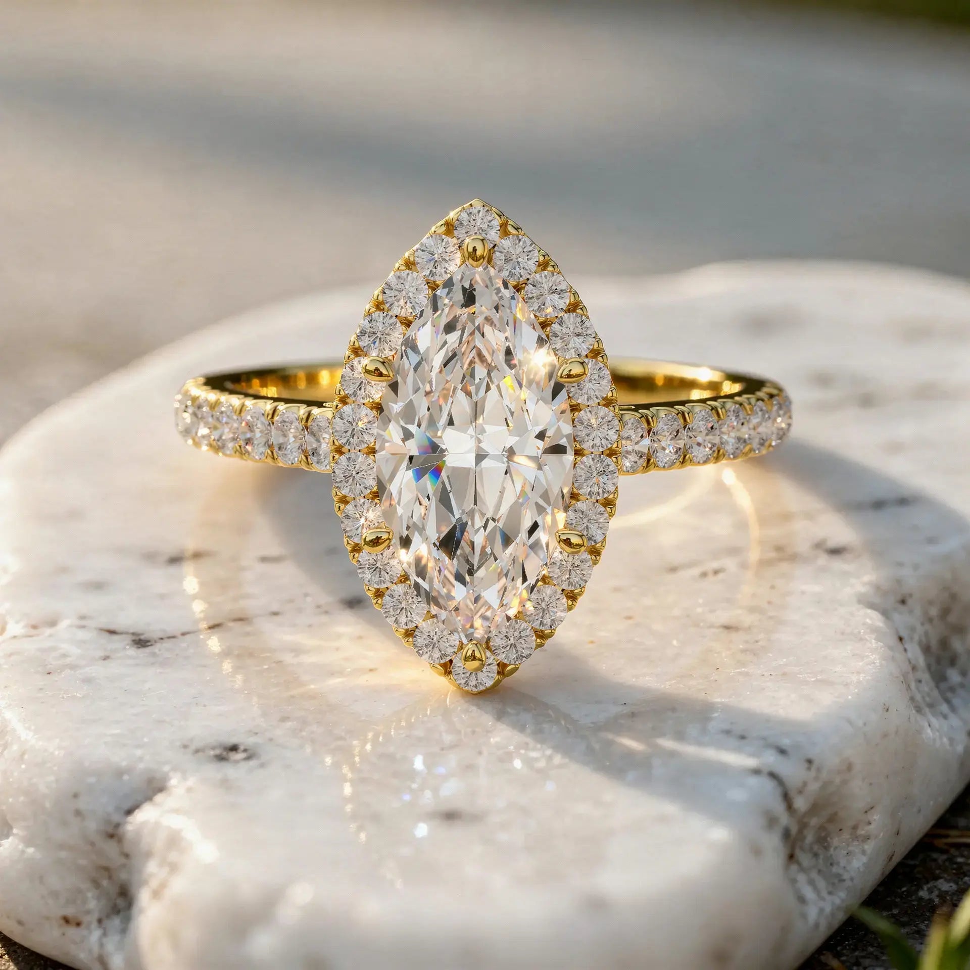 Front-view: Marquise Diamond Ring with Halo Setting in 14k Yellow Gold - Lab Grown - Driona Jewels