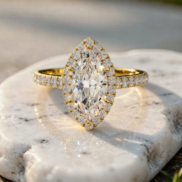 Front-view: Marquise Diamond Ring with Halo Setting in 14k Yellow Gold - Lab Grown - Driona Jewels