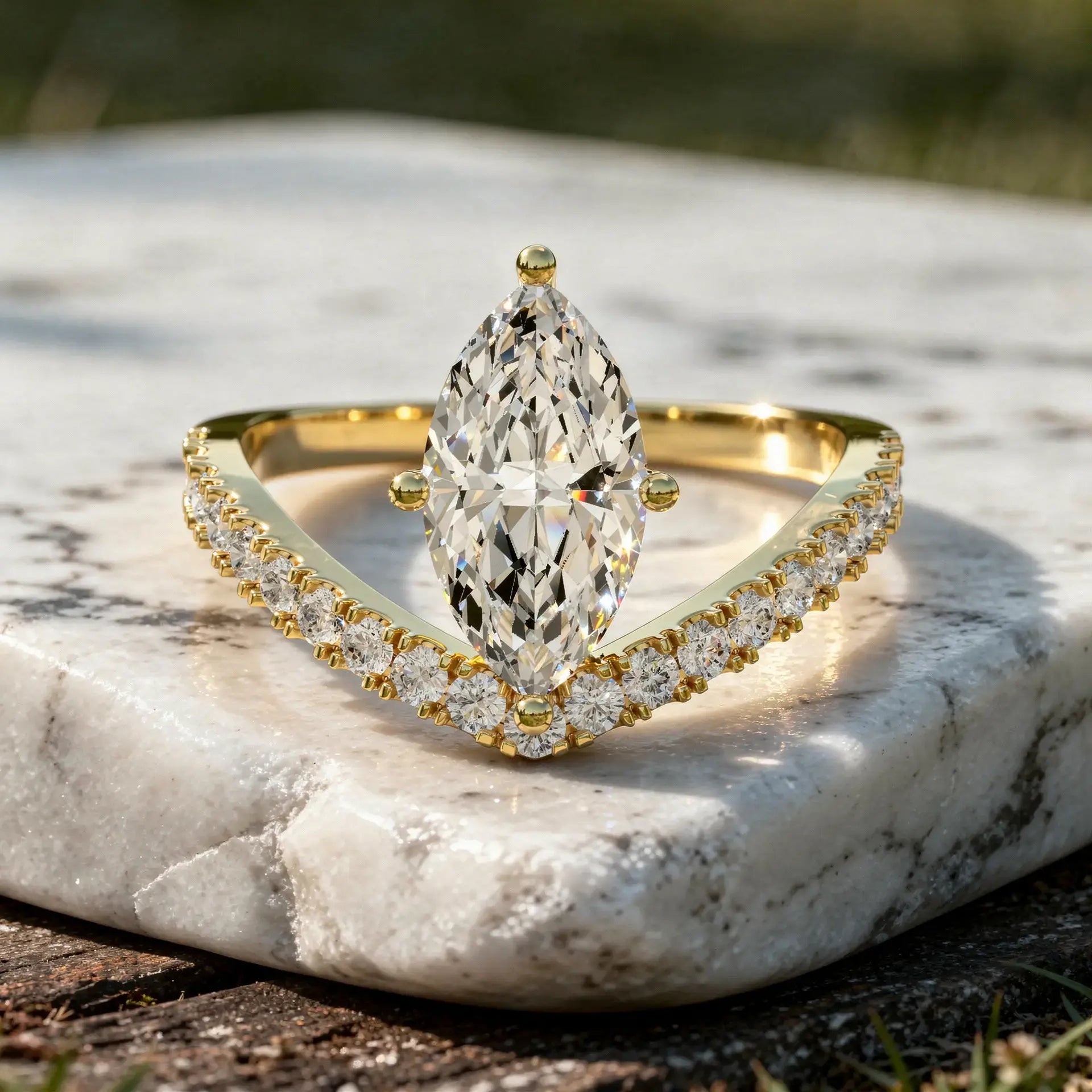 Front-view: Marquise Diamond Ring with Halo Setting in 14k Yellow Gold - Lab Grown - Driona Jewels