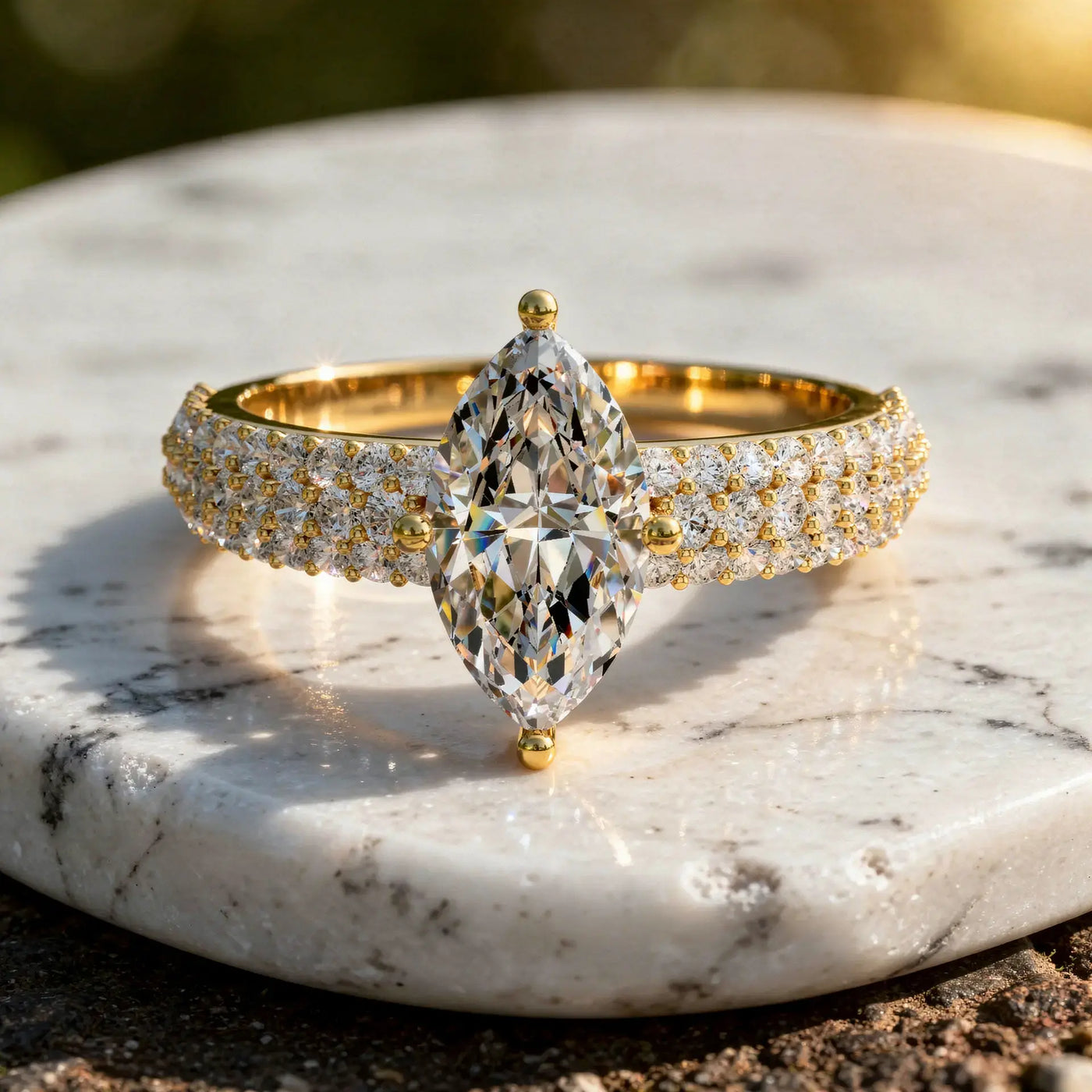 Front-view: Marquise Diamond Ring with Halo Setting in 14k Yellow Gold - Lab Grown - Driona Jewels