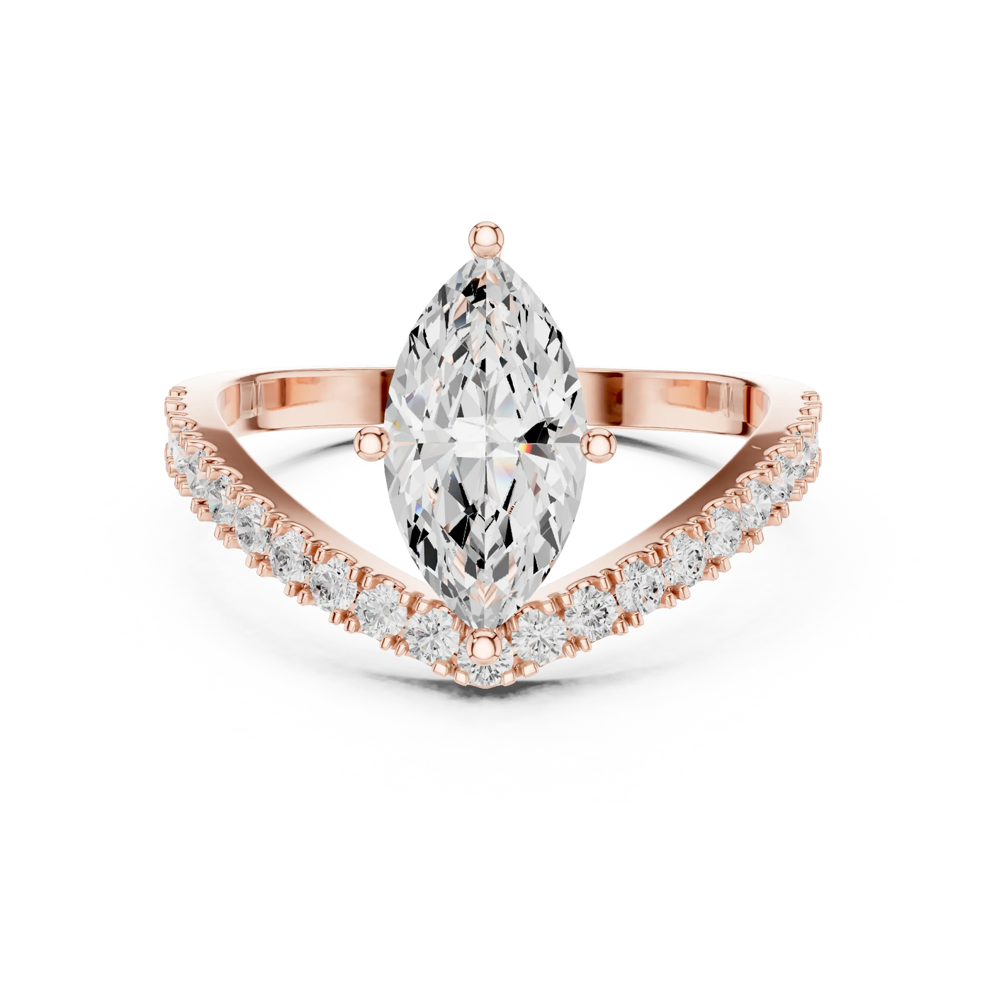Angled view: Marquise Diamond Ring with Pavé Chevron Setting in Rose Gold – Lab Grown – Driona Jewels
