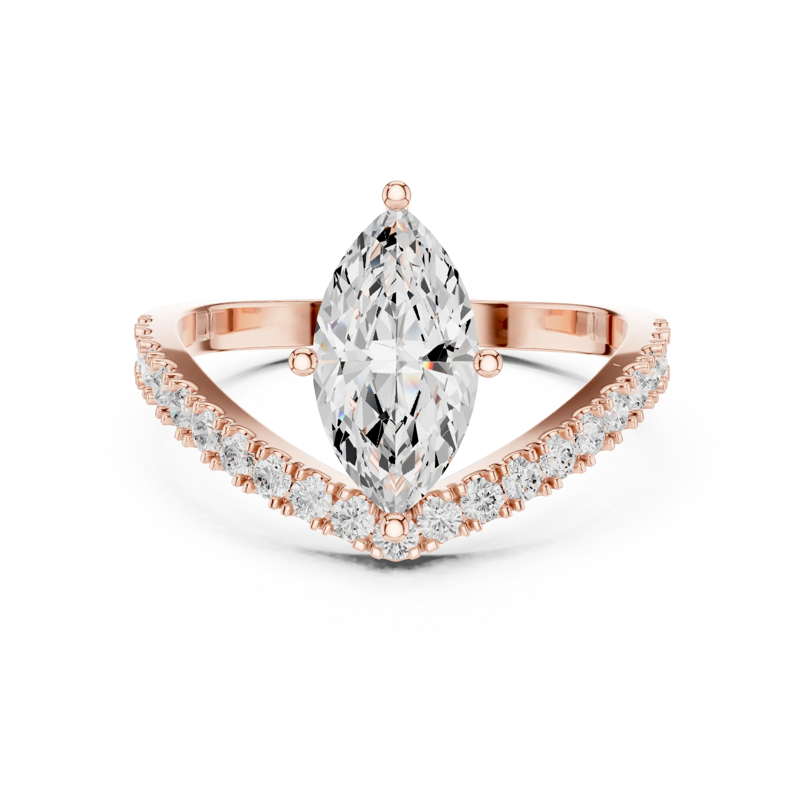 Angled view: Marquise Diamond Ring with Pavé Chevron Setting in Rose Gold – Lab Grown – Driona Jewels
