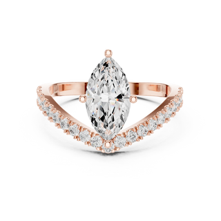 Angled view: Marquise Diamond Ring with Pavé Chevron Setting in Rose Gold – Lab Grown – Driona Jewels
