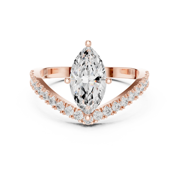 Angled view: Marquise Diamond Ring with Pavé Chevron Setting in Rose Gold – Lab Grown – Driona Jewels
