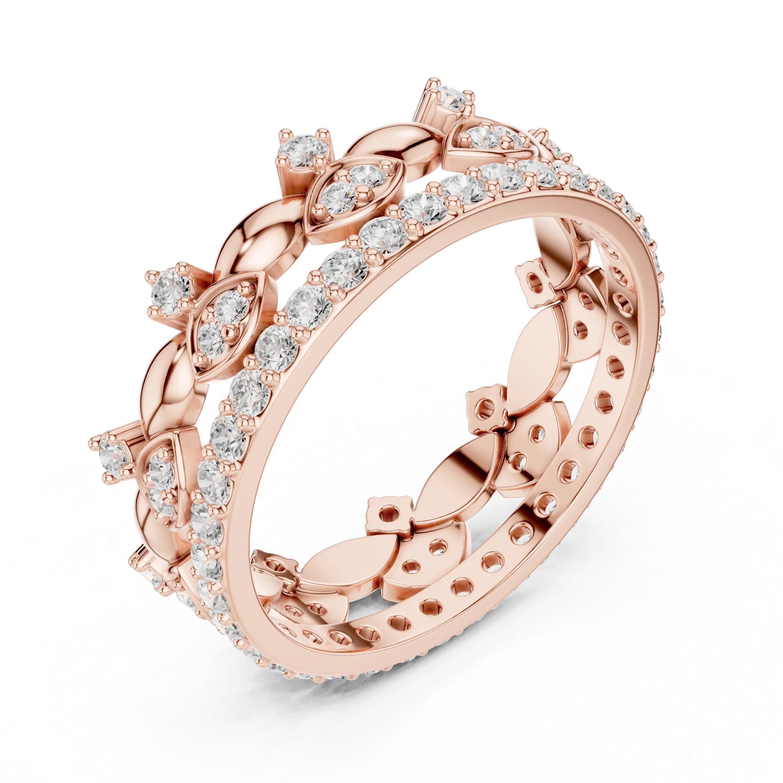 Three-quarter-view: Marquise Diamond Ring with Pave Setting in 14k Rose Gold - Lab Grown - Driona Jewels