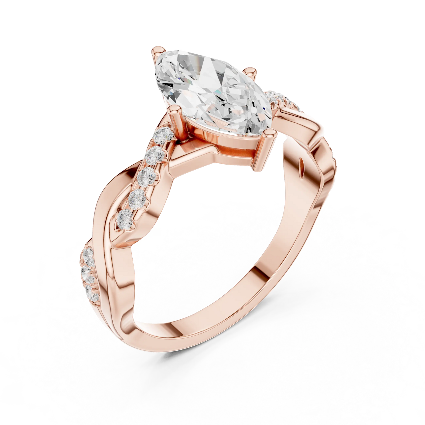 Angle view: Marquise Diamond Ring with Pavé Twist Setting in 18K Rose Gold – Lab Grown – Driona Jewels
