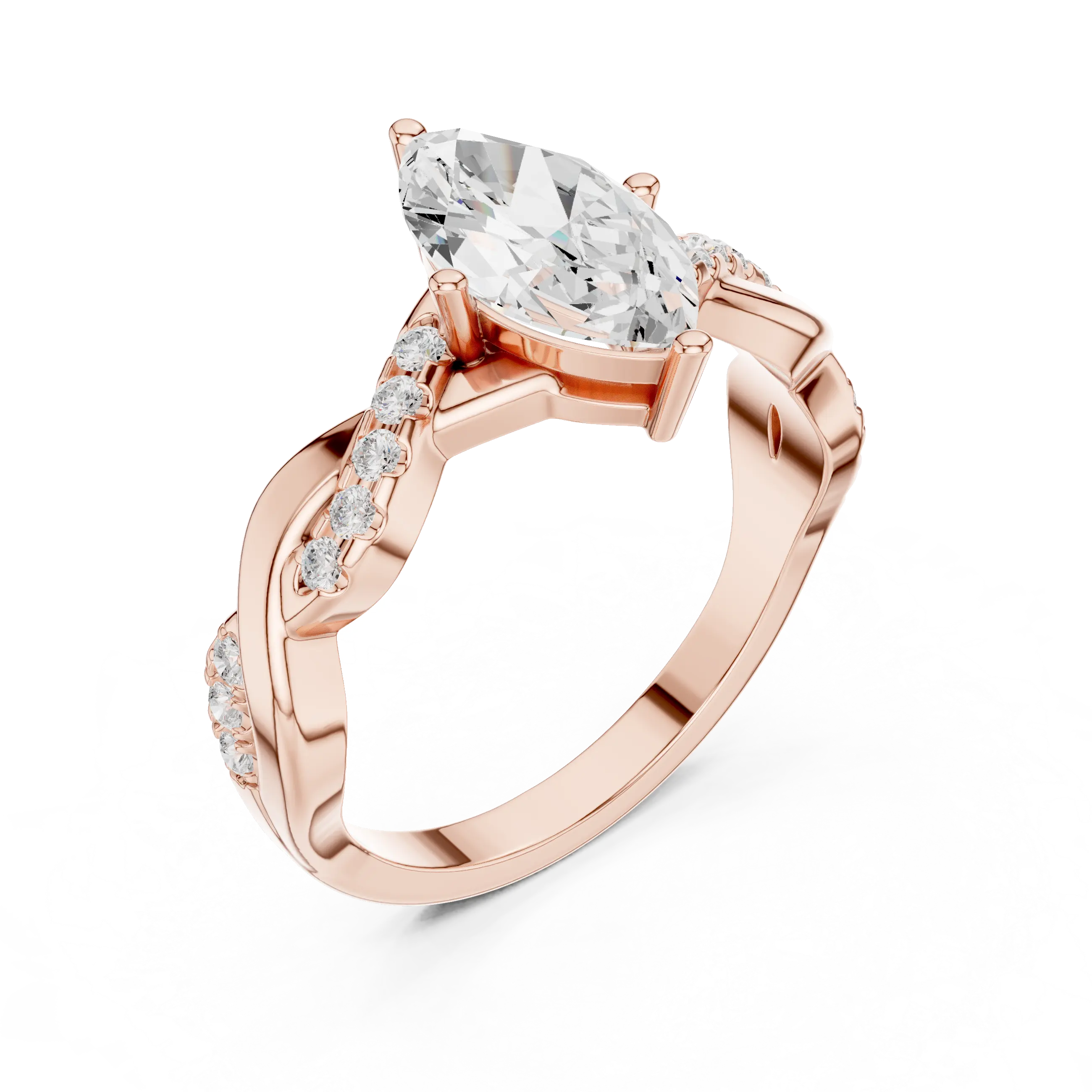 Angle view: Marquise Diamond Ring with Pavé Twist Setting in 18K Rose Gold – Lab Grown – Driona Jewels
