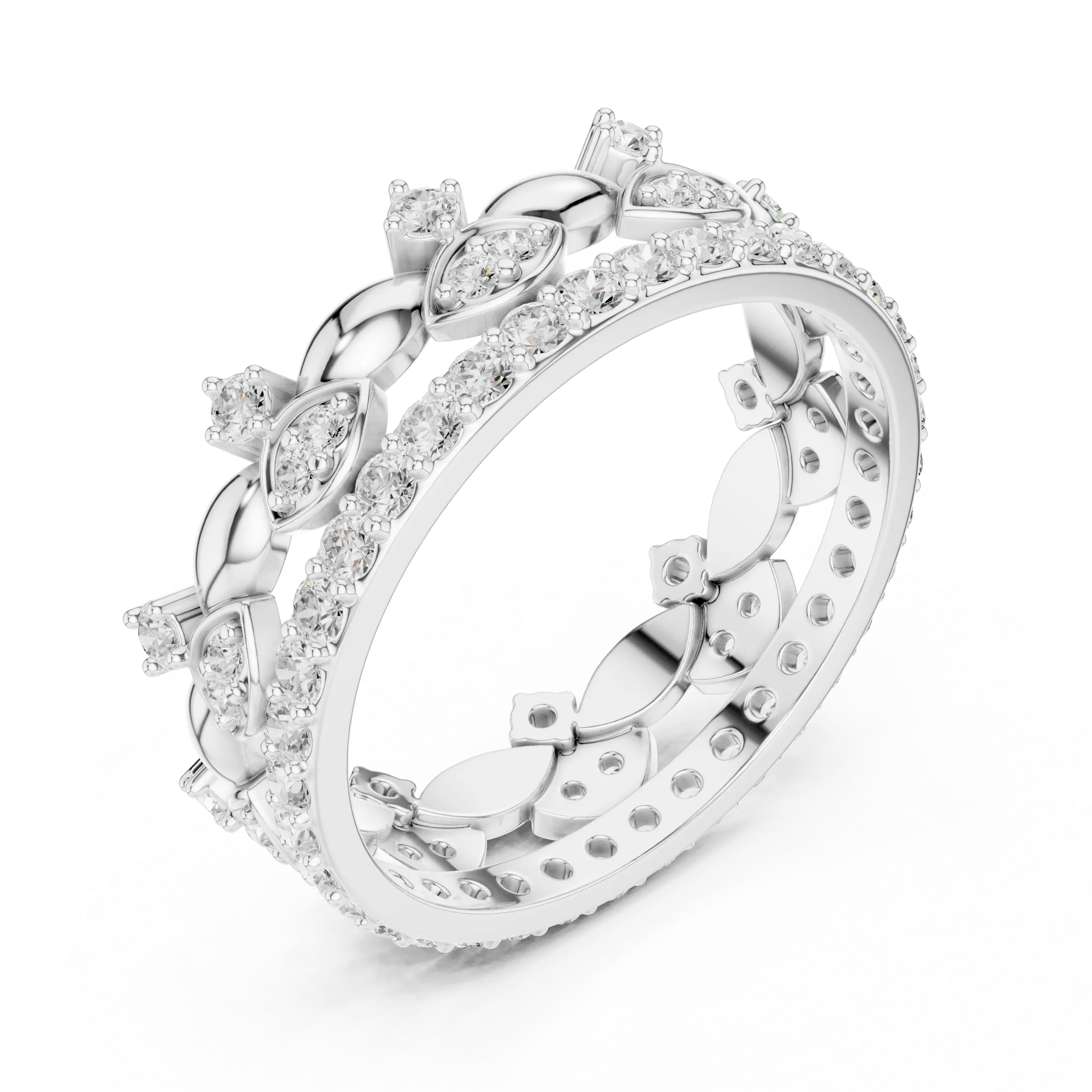 Side-Profile: Marquise Diamond Ring with Pave Setting in 14k White Gold - Lab Grown - Driona Jewels