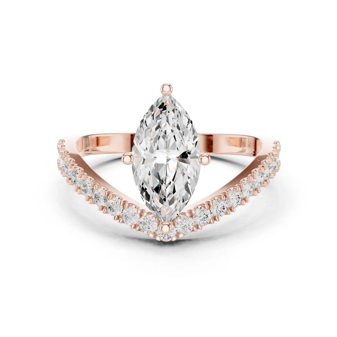 Front View: Marquise Diamond Ring with Prong and Pave Setting in 18K Rose Gold – Lab Grown – Driona Jewels
