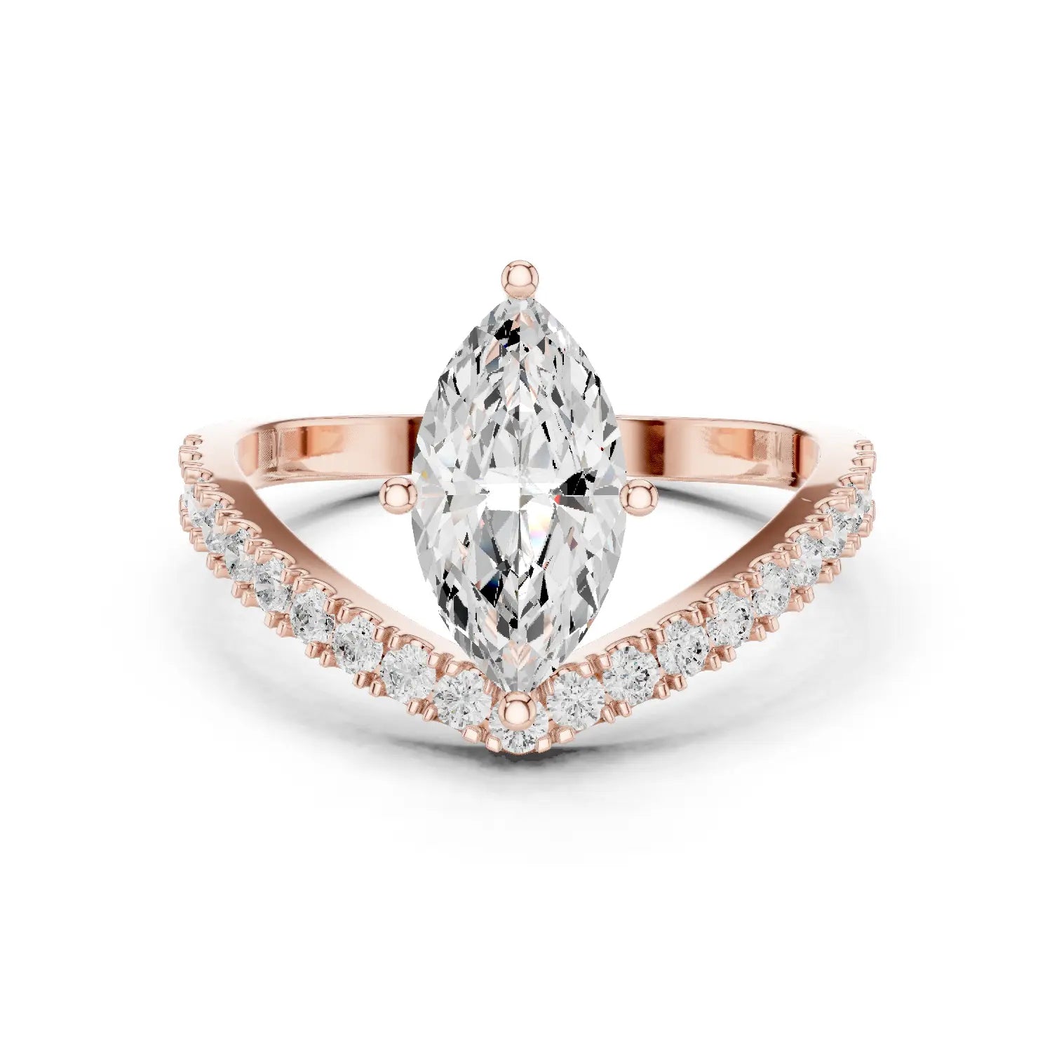 Front View: Marquise Diamond Ring with Prong and Pave Setting in 18K Rose Gold – Lab Grown – Driona Jewels
