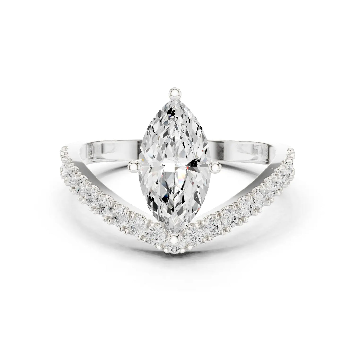 Front-view: Marquise Diamond Ring with Prong-Pave Setting in 14K White Gold – Lab Grown – Driona Jewels
