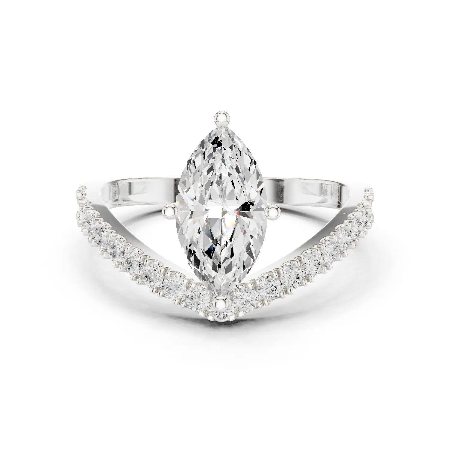 Front-view: Marquise Diamond Ring with Prong-Pave Setting in 14K White Gold – Lab Grown – Driona Jewels
