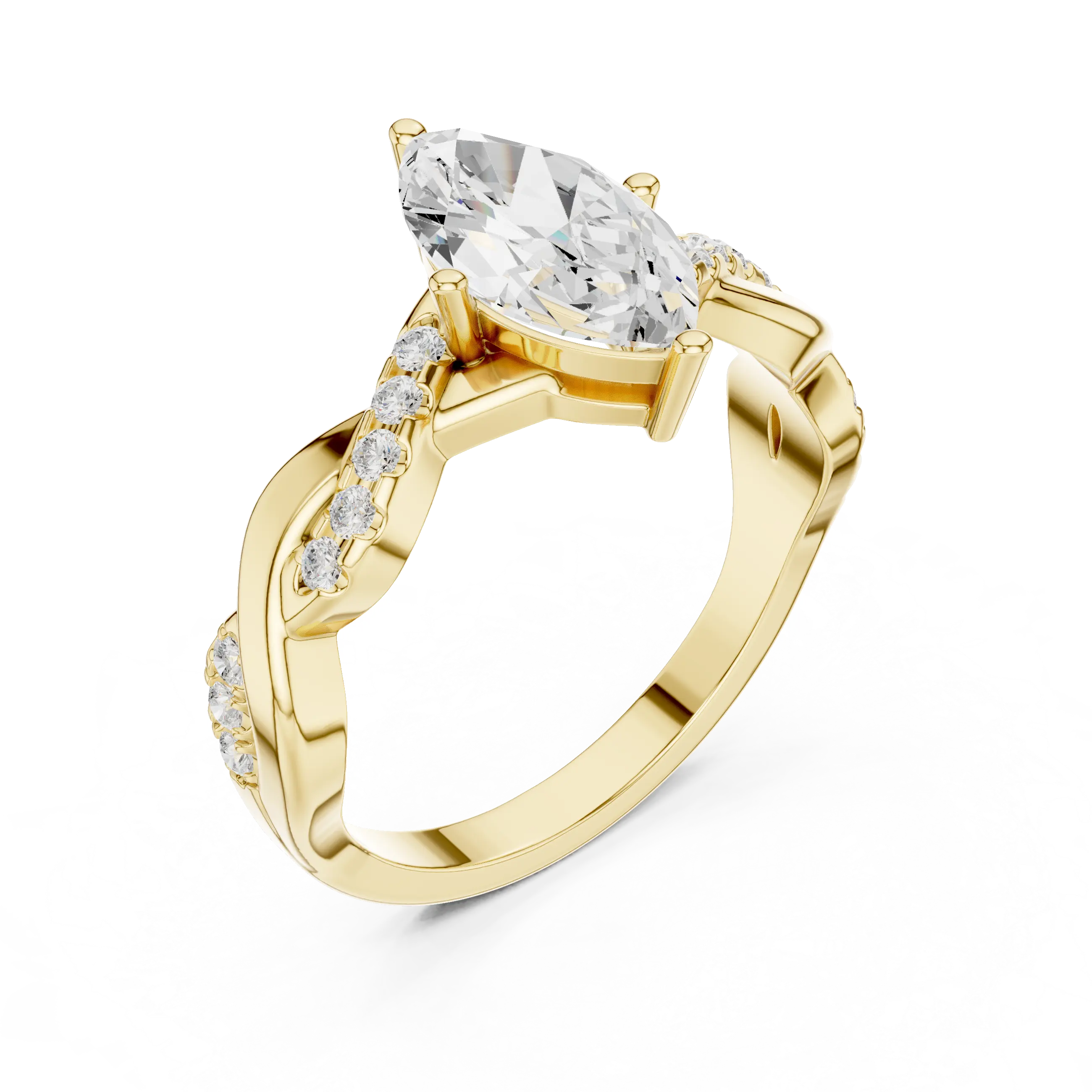 Angle View: Marquise Diamond Ring with Prong Setting and Twisted Pavé Accents in 18K Yellow Gold – Lab Grown – Driona Jewels
