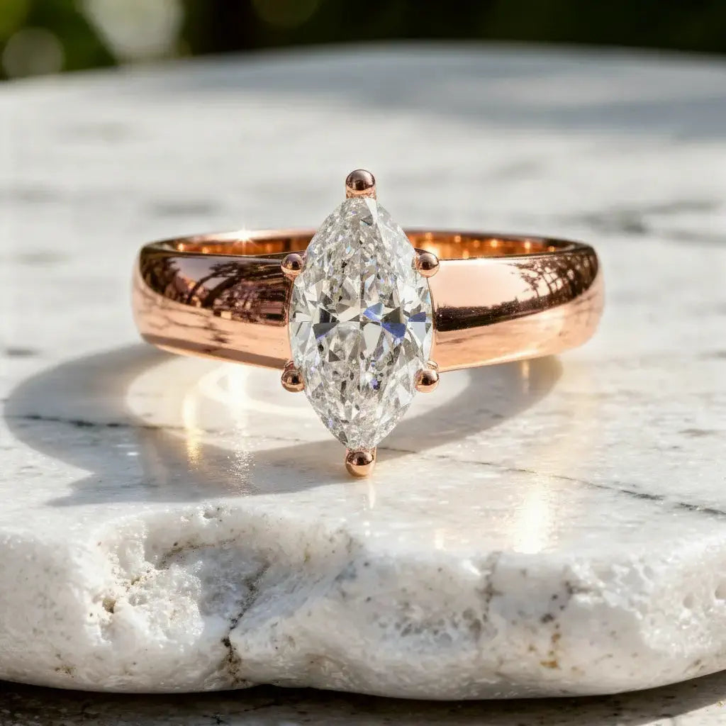 Front-view: Marquise Diamond Ring with Solitaire Setting in 14k Rose Gold - Lab Grown - Driona Jewels