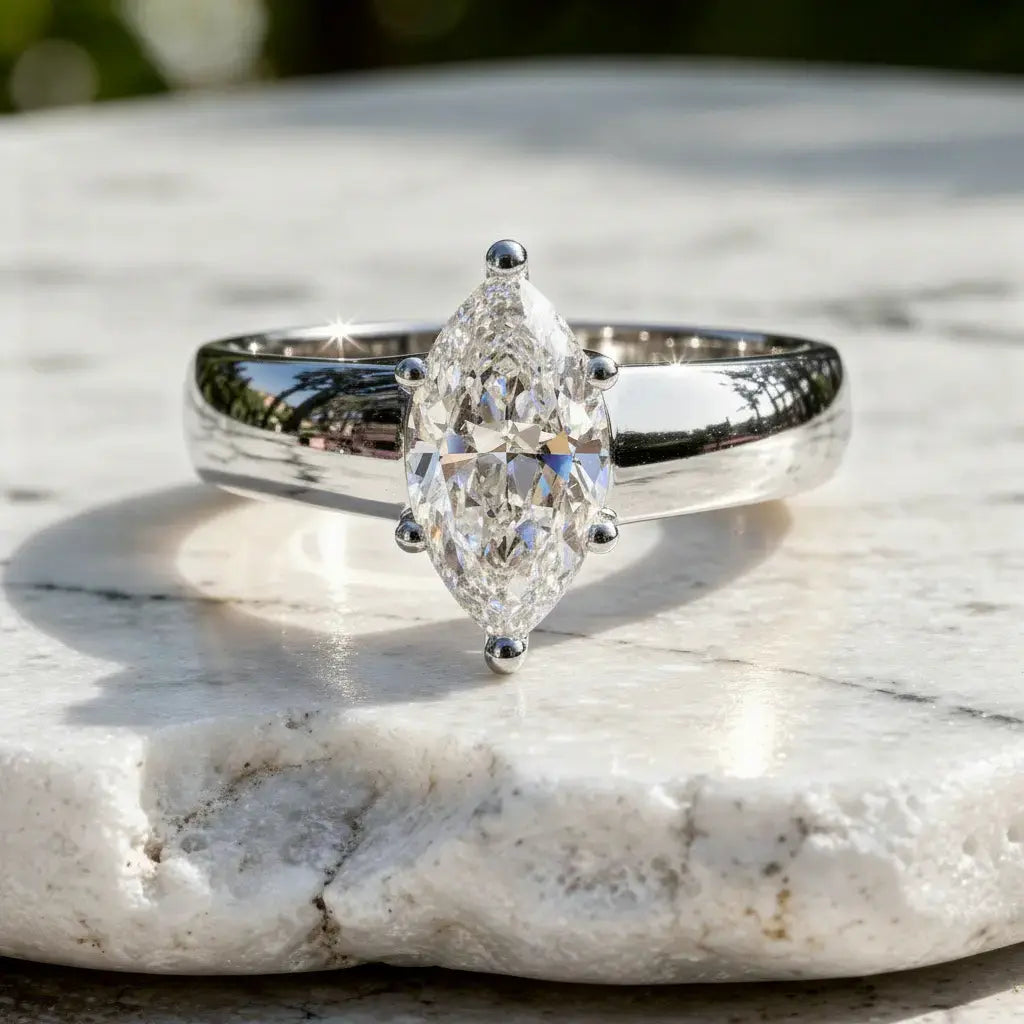 Front-view: Marquise Diamond Ring with Solitaire Setting in 14k White Gold - Lab Grown - Driona Jewels