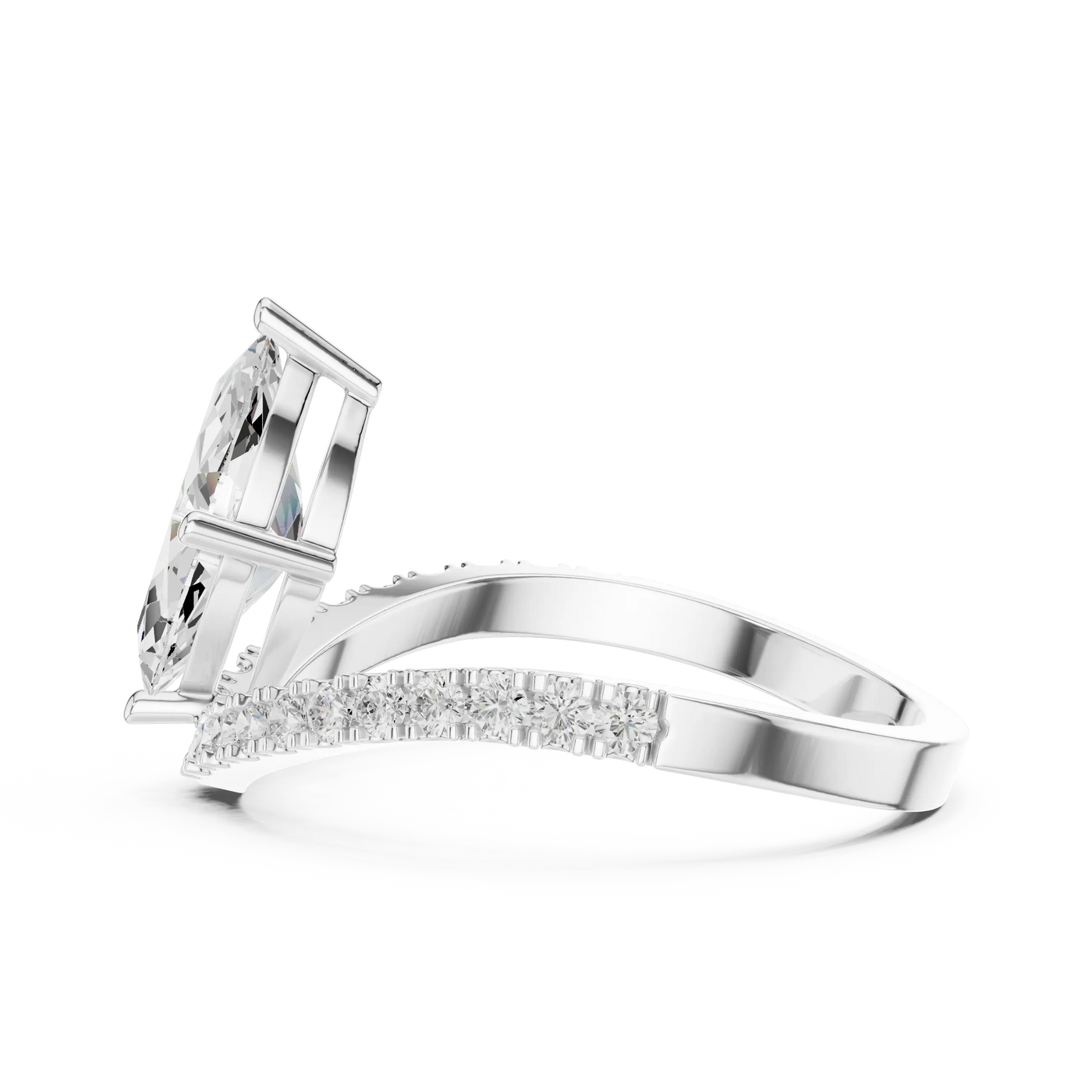 Angled view: Marquise Diamond Ring with Split Shank Pave Setting in 14K White Gold – Lab Grown – Driona Jewels
