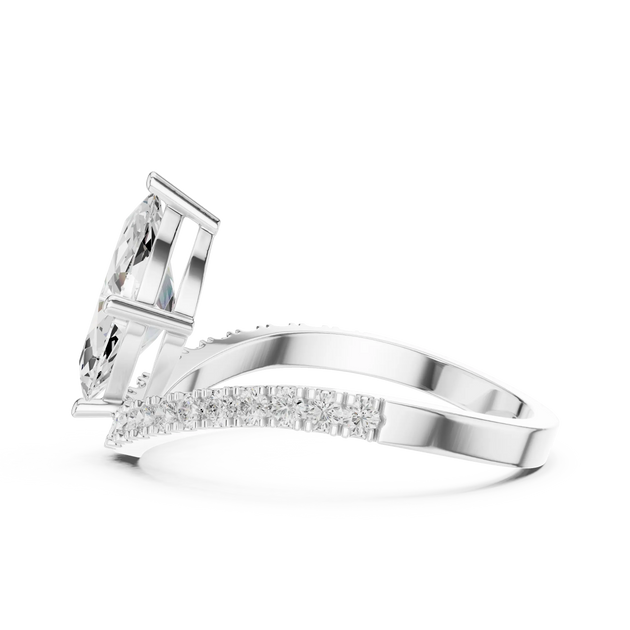 Angled view: Marquise Diamond Ring with Split Shank Pave Setting in 14K White Gold – Lab Grown – Driona Jewels
