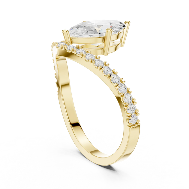 Angled view: Marquise Diamond Ring with Split Shank Pavé Setting in Yellow Gold – Lab Grown – Driona Jewels
