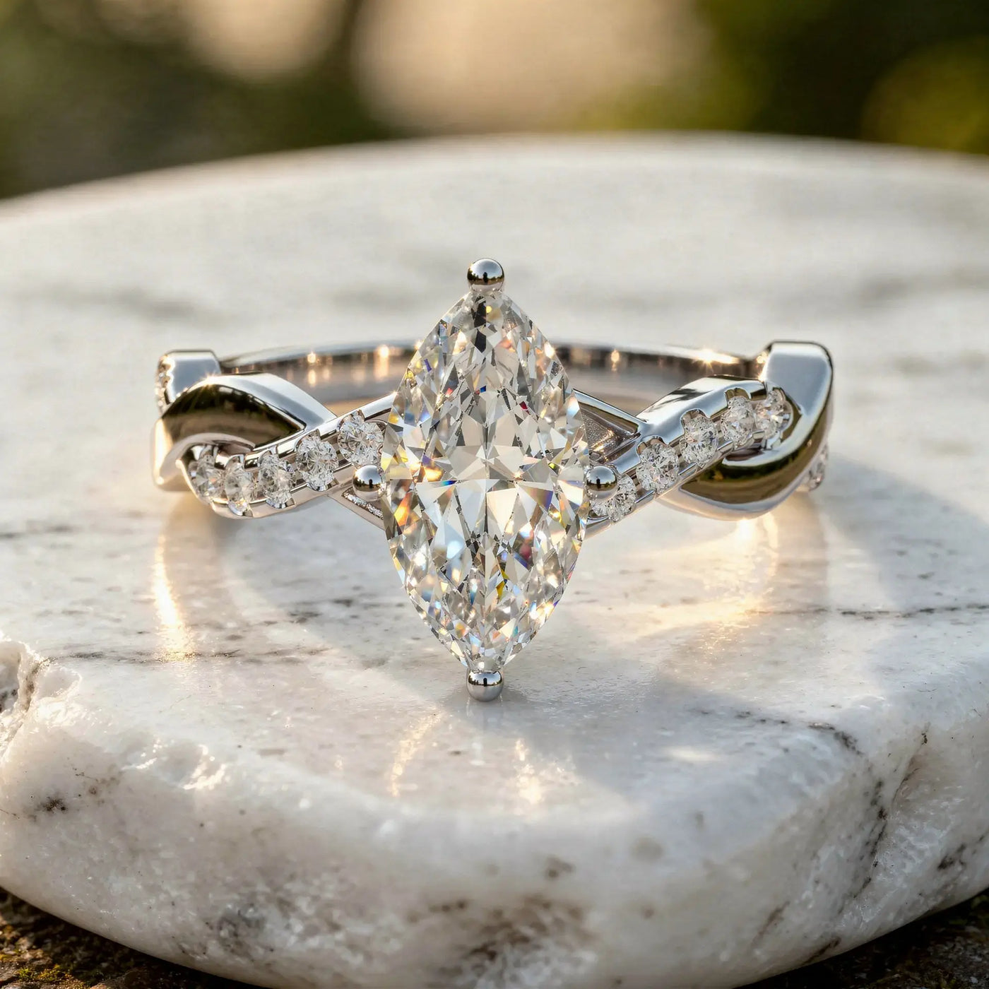 Front-view: Marquise Diamond Ring with Twist Setting in 14k White Gold - Lab Grown - Driona Jewels