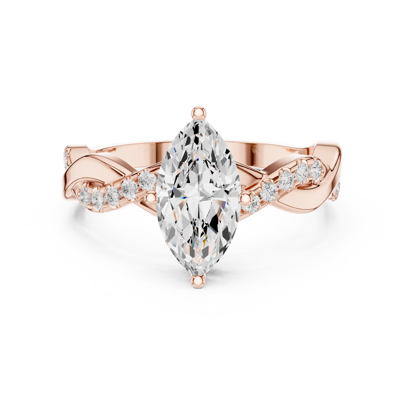 Angle View: Marquise Diamond Ring with Twisted Pave Setting in 14K Rose Gold – Lab Grown – Driona Jewels
