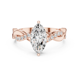 Angle View: Marquise Diamond Ring with Twisted Pave Setting in 14K Rose Gold – Lab Grown – Driona Jewels
