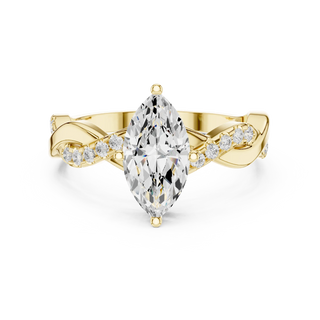 Front View: Marquise Diamond Ring with Twisted Pave Setting in Solid Yellow Gold – Lab Grown – Driona Jewels
