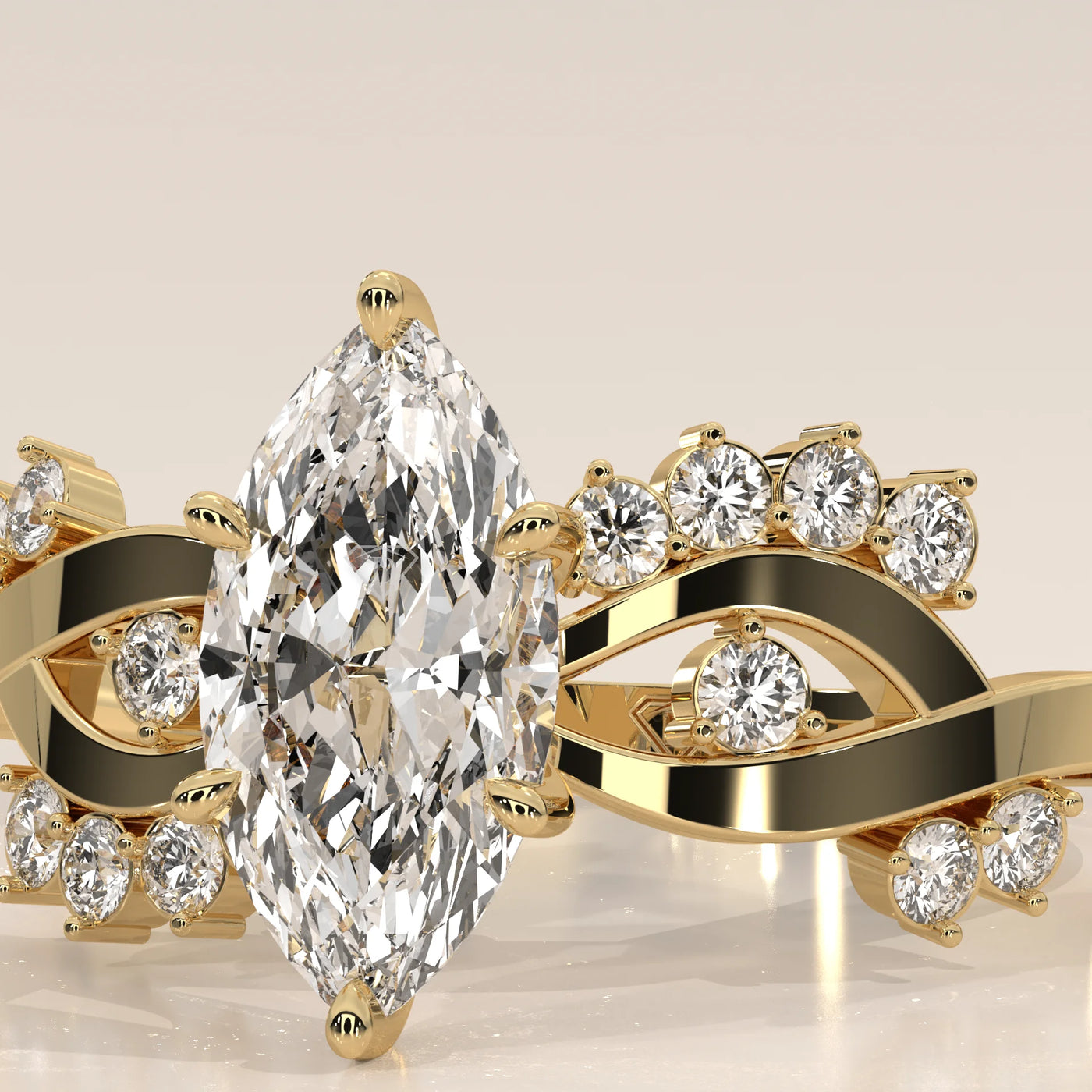 Elegant yellow gold ring with marquise cut diamond and accent stones.