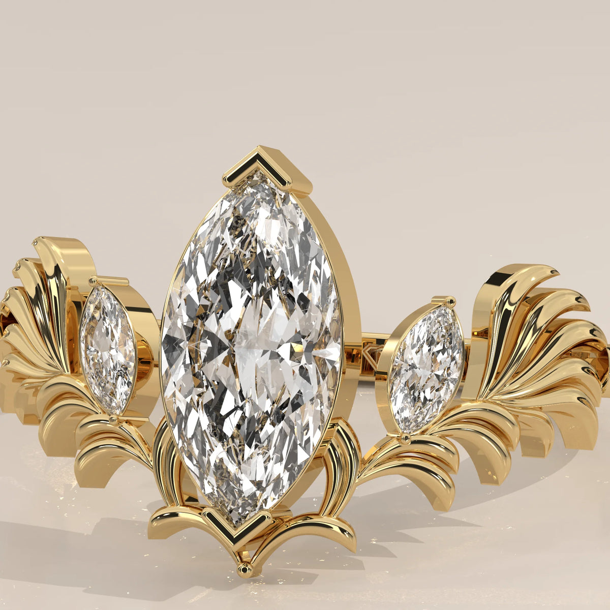 Marquise Lab Grown Diamond Ring with Carved Leaf Wings in yellow gold, studio photograph on a plain background.