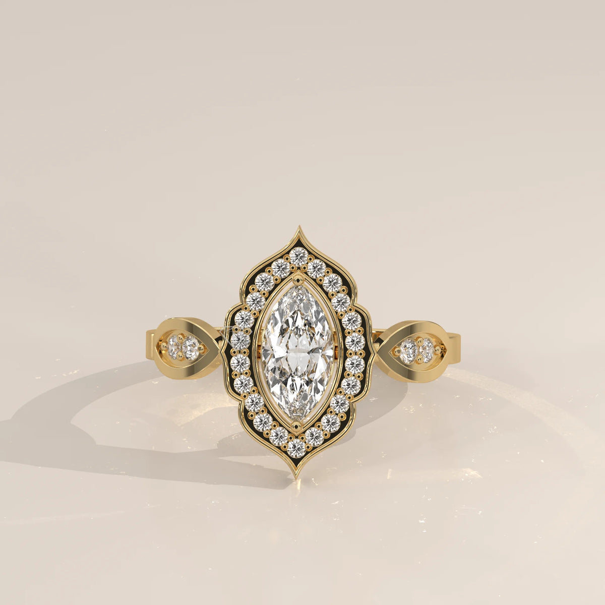 Marquise Lab Grown Diamond Vintage Halo Ring with Almond Shoulders in yellow gold, photographed head-on.