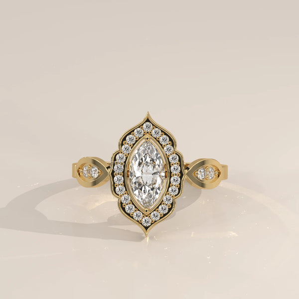 Marquise Lab Grown Diamond Vintage Halo Ring with Almond Shoulders in yellow gold, photographed head-on.