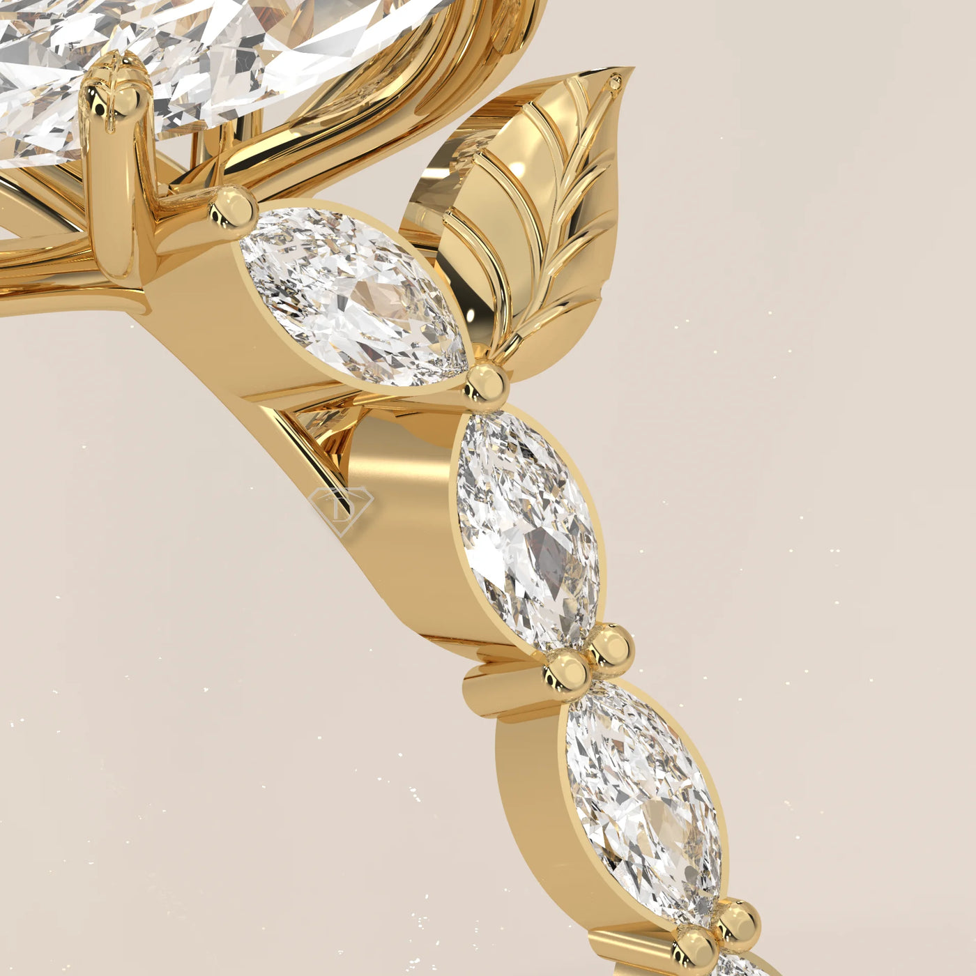 Close-up of a gold ring with marquise-cut diamonds and leaf details.