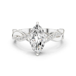 Front View: Marquise and Round Diamond Ring with Pave Twisted Band Setting in 14K White Gold – Lab Grown – Driona Jewels
