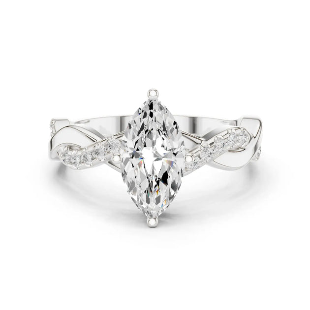 Front View: Marquise and Round Diamond Ring with Pave Twisted Band Setting in 14K White Gold – Lab Grown – Driona Jewels
