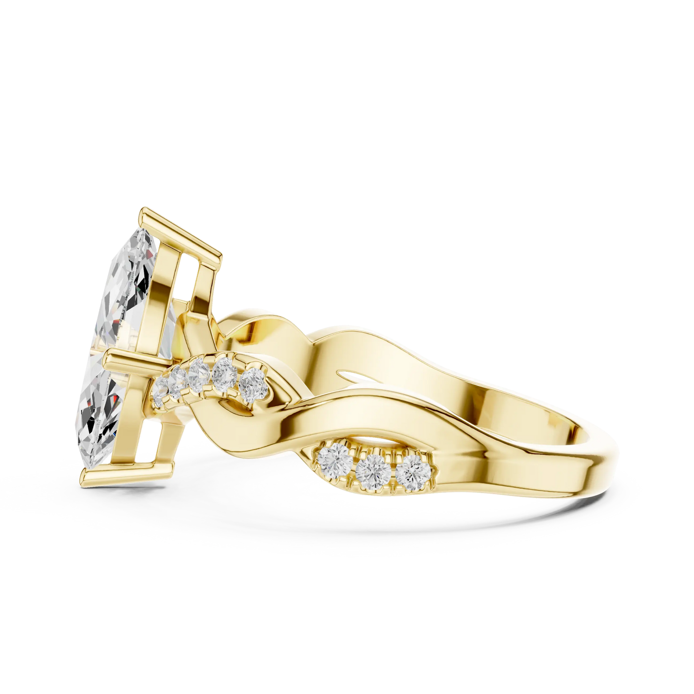 Angled View: Marquise and Round Diamond Ring with Prong-Set Twisted Accent Band Setting in Yellow Gold – Lab Grown – Driona Jewels

