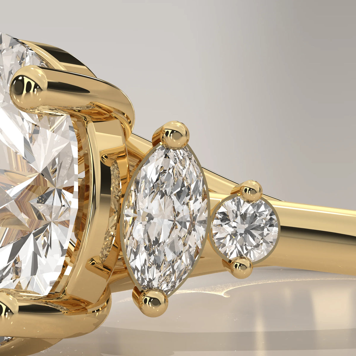 Round Lab Grown Diamond Ring with Marquise and Round Side Accents in yellow gold, product photograph on a plain background.