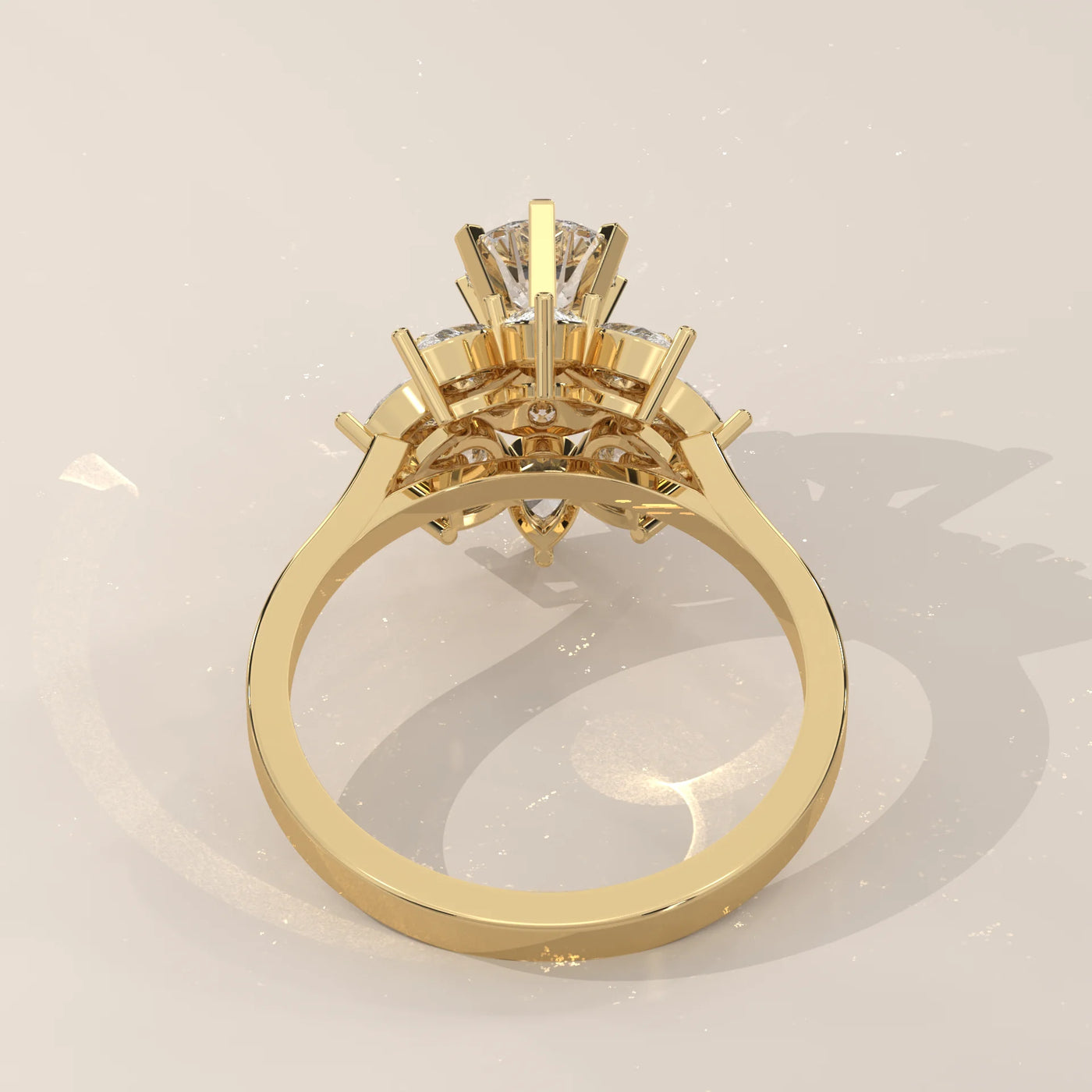 A side view of a stunning 14k gold ring with multiple diamonds.