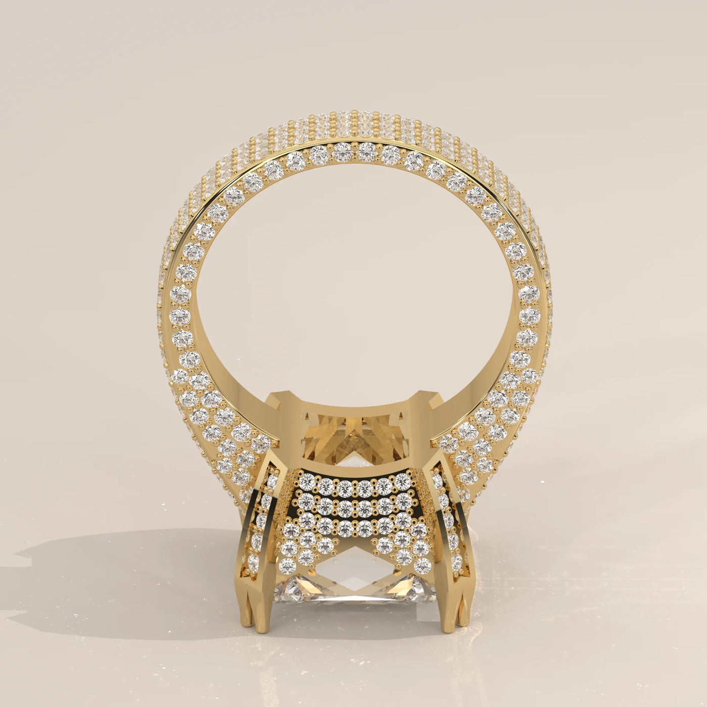 A stunning 18k gold ring with multiple diamonds encrusted around the band and band.