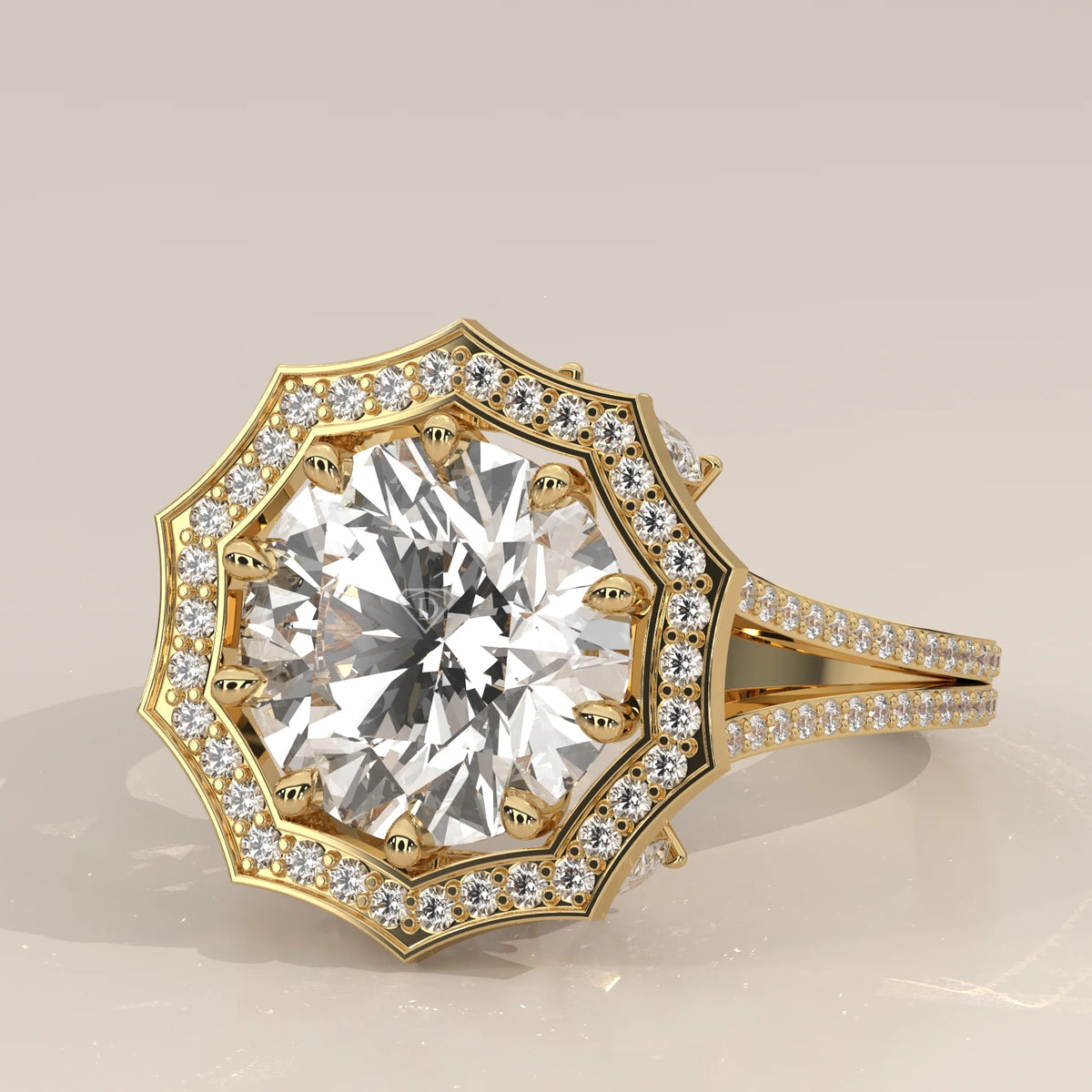 Round Lab Grown Diamond Twelve Point Halo Ring with Split Shank in yellow gold, photographed at a three-quarter angle.