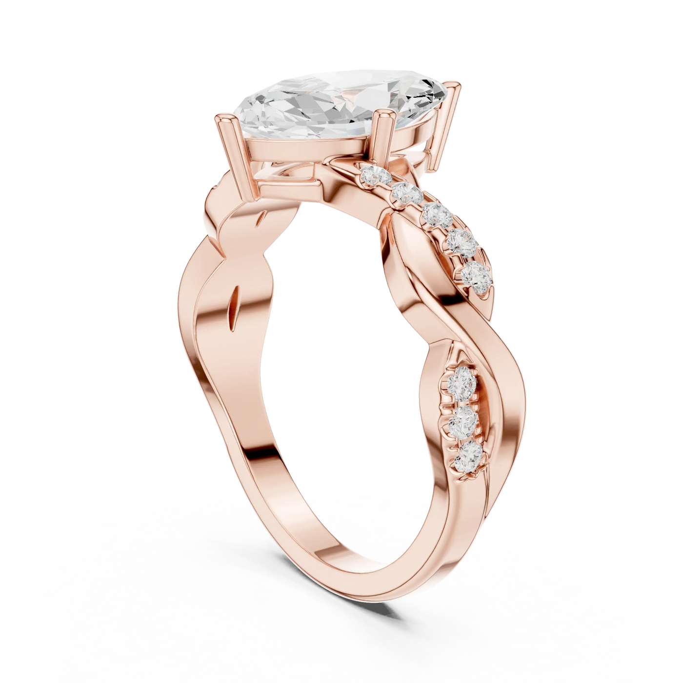 Elegant three-quarter view: Oval Brilliant Diamond Ring with Twisted Band Setting in 14K Rose Gold – Lab Grown – Driona Jewels
