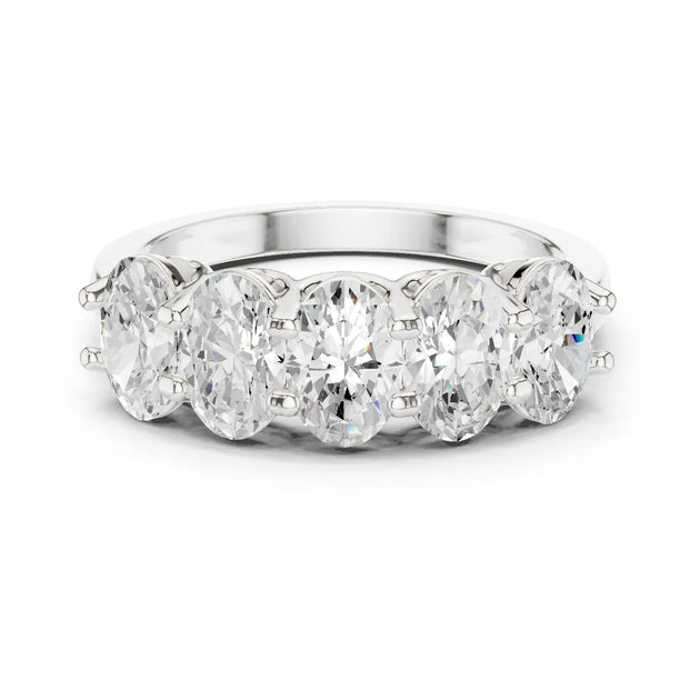 Front-view: Oval Diamond 5-Stone with Prong Setting in 14k White Gold - Lab Grown - Driona Jewels