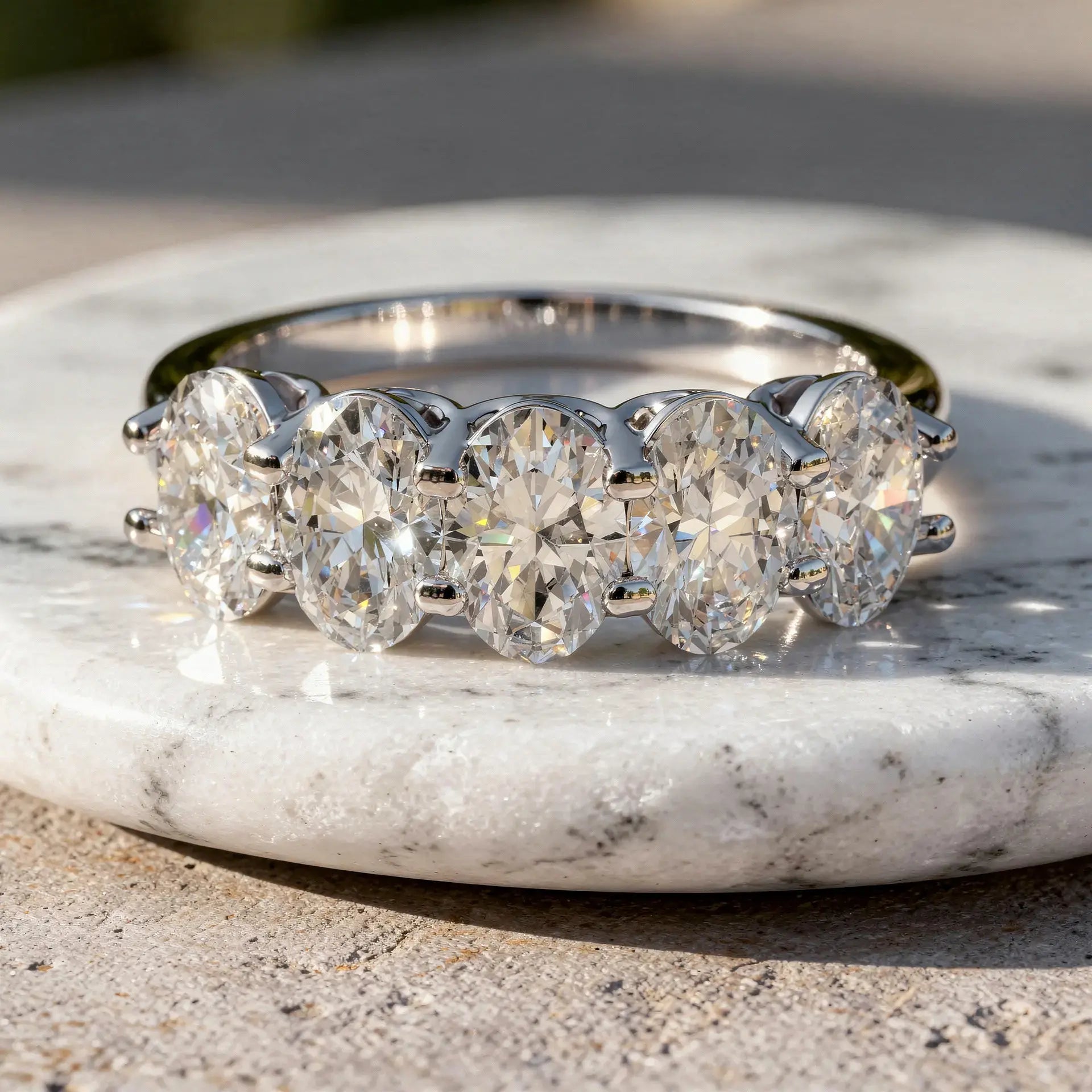 Flat Lay: Oval Diamond Ring with Channel Setting in 14k White Gold - Lab Grown - Driona Jewels