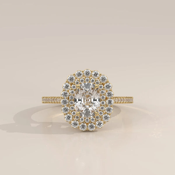 Cushion Lab Grown Diamond Double Halo Ring with Scalloped Outer Row in yellow gold, photographed head-on.