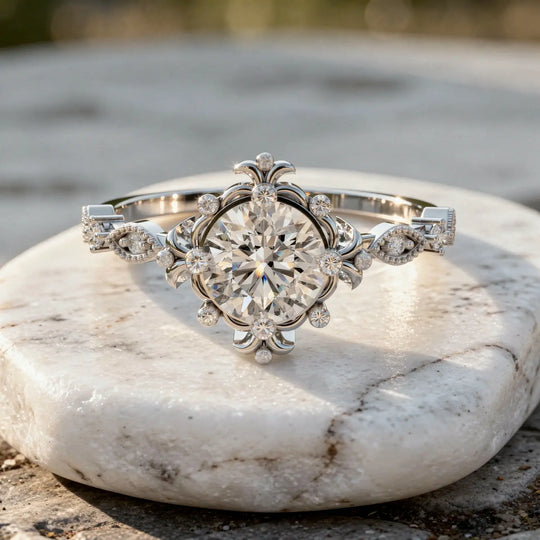 Close-up: Oval Diamond Ring with Floral Setting in 14k White Gold - Lab Grown - Driona Jewels